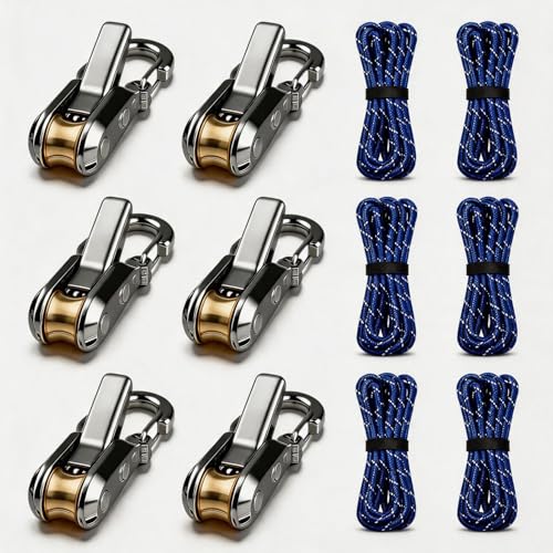 Heavy Duty Rope Roller Tensioner 6 Pack - Marine Grade Brass Paracord Tie Down for Camping and Outdoor Gear - Knot-Free Cord Tightening and Cinching Tool for 3-4mm Guyline