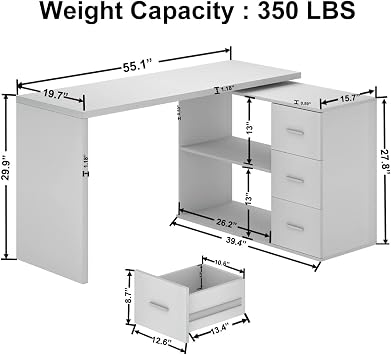 HSH White L Shaped Computer Desk with 3 Drawers and 2 Shelves, Reversible Home Office Corner Desk for Writing Study Work Executive, 140cm Bedroom Wood Table Workstation Desk with Storage Cabinet