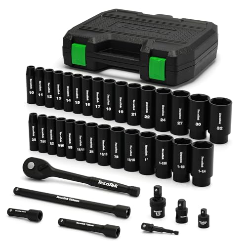 Image of TecoTek 1 /2 inch Drive Deep Impact Socket Set, 38-Piece Socket Set SAE 3 /8 to 1-1 /4 inch and Metric 10-32mm Size, Includes Extension Bars, Universal Joint, Adapter and Ratchet Handle, 6 Point, Cr-V Steel