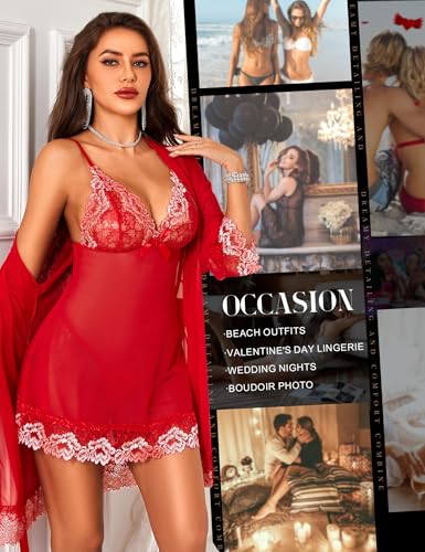 Image of RSLOVE Women Sexy Lingerie Set 3 Piece Babydoll & Lace Kimono Robe Strap Chemise Sleepwear Mesh Nightgown