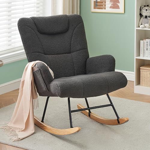 Image of Jocoevol Modern Black High Back Rocking Chair, Nursery & Living Room, Memory Foam Padded Seat, Lambswool Fabric, Adjustable Height, 300 lbs Capacity