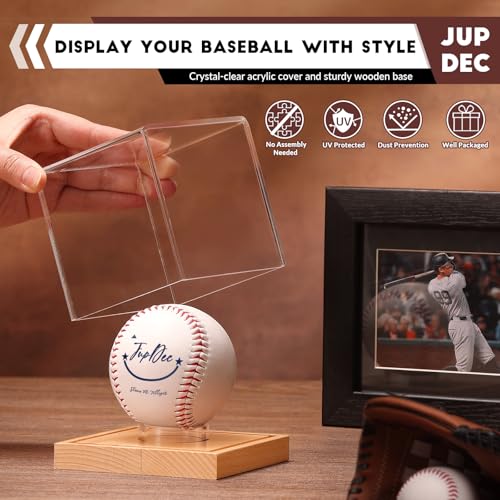Image of Baseball Display Case, Clear Cube Baseball Holder with Wooden Base, Autograph Baseball Stand Box for Single Ball, Pine Wood, 2 Pack