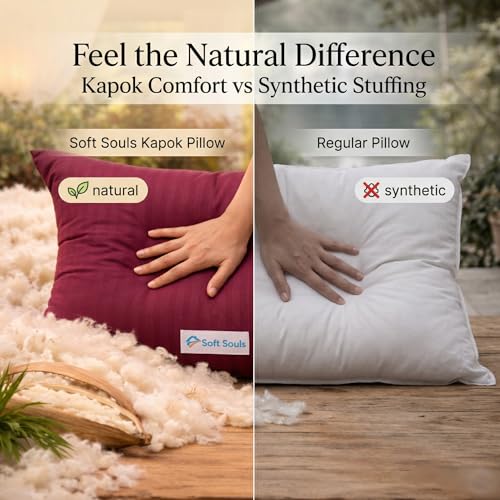 Image of SOFT SOULS 100% Cotton Pillow for Sleeping, Pure Kapok /Ilvam Panju Pillow, Premium Organic Silk Kapok Filling Pillow for Hair & Neck Pain Relief, Semal Cotton for Back Pain (Single)