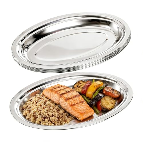 4Pcs Stainless Steel Oval Serving Platter 8.7-Inch Large Sizzling Platter Serving Tray Serving Plate for Fish Dessert Meat (Silver)