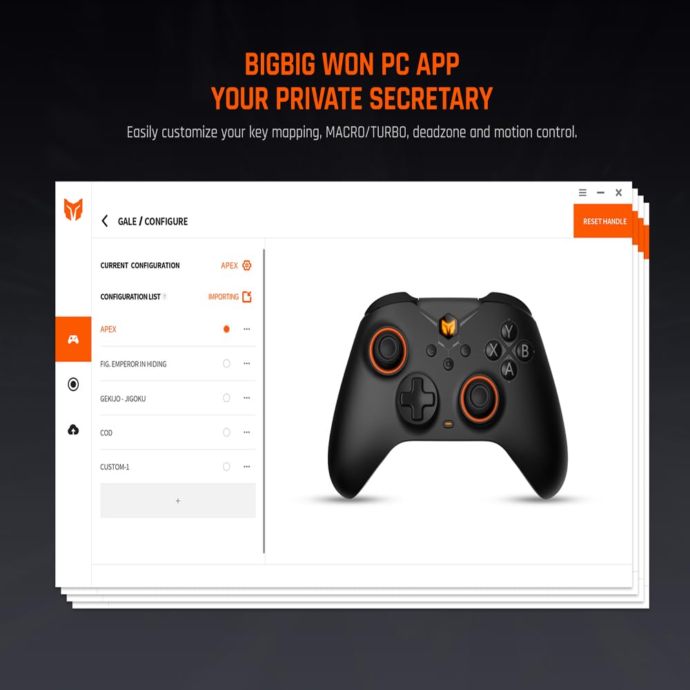 BIGBIG WON Gale PC wireless Controllers Motion Aiming, Hall Trigger, 4 pulsanti personalizzati, App Control Game Controller per PC/Switch/iOS/Android Con dock di ricarica (Nero)