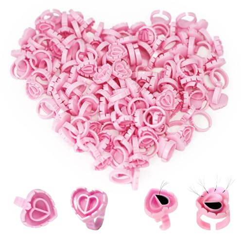 MIUXIA 300Pcs Glue Rings Lash Glue Rings for eyelash extention Supplies Lash Tech Holder Lovely Pink Heart Shape