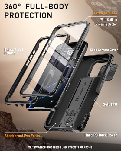 Image of Poetic Revolution Case for iPhone 16 Pro Max 6.9 inch, [Slide Camera Cover], Full-Body Military Grade Rugged Shockproof Cover with Kickstand and Built-in-Screen Protector, Black