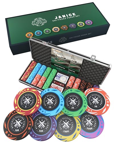 Bullets Playing Cards, Pokerset Janice, Pokerkoffer mit 500 Kunststoff Pokerchips mit Werten, inkl. Keramik Dealerbutton und Pokerkarten