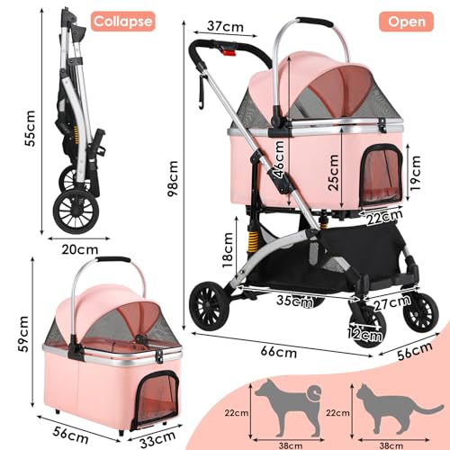 MAMIZO Hundebuggy 3 in1 Hundewagen Hundebox Transporttasche,Faltbar klappbar Katzenwagen,Bis 20kg,4 PCS 360° Verschleißfeste Gummiräder, Ablagekorb, Getränkehalter,für kleine Hunde Katz, Rosa