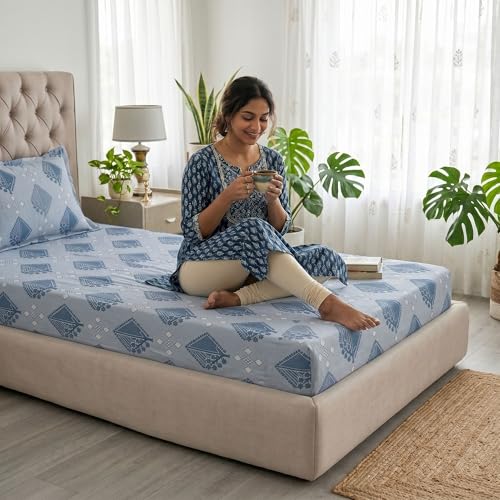 Image of Mafatlal 186 TC Grace Cotton Bedsheet for Single Bed | 154 x 228 cm | Soft, Durable & Breathable Fabric | Includes Pillow Cover