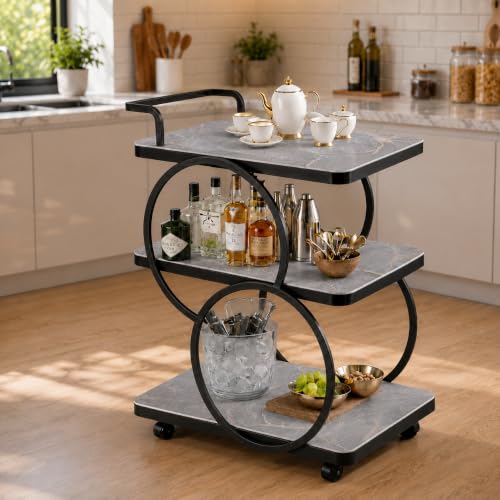 Image of Bar Table 3-Tier Metal Serving Table with Wheels Gold Elegant Home and Restaurant Mobile Cart for Effortless Food Serving Coffee Table for Living Room (Black & Grey)