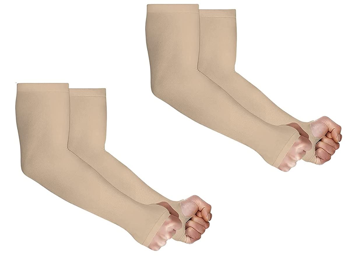 Fit-Du Unisex Arm Slevees With Thumb Hole Universal Fit|Super Streachable| Comfortable|Protect Sun Rays| For Hockey Gym Running and All Sports Pack Of 2 (Beige)