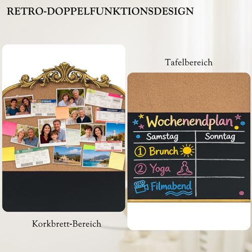 Vintage Pinnwand mit Blumen aus Kunstharz, 40 x 61 cm, halber Kork und halbe Tafel, kunstvoller Eisenrahmen für Wand