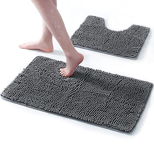 Bathroom Rugs , Bathroom Rugs Sets 2 Piece, 20 x 32 Inch Chenille Gray Bathroom Rugs with Toilet Rug, Extra Soft, Absorbent Bathroom Mats and Rugs Set for Shower, Bath Room, Machine Washable