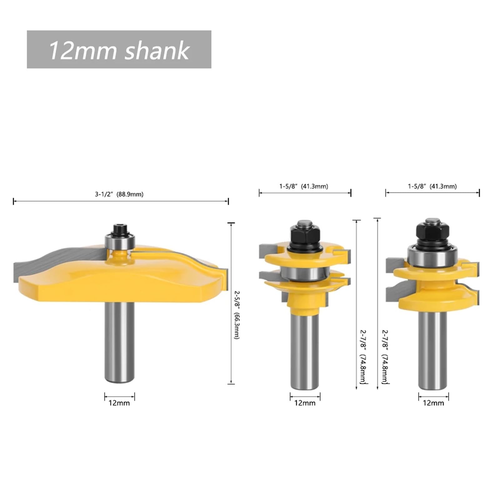Fresa per incastri maschio-femmina, 3 punte for fresa da 12 mm o 1/2 pollice con gambo e pannello rialzato lama in stile(12mm Shank)