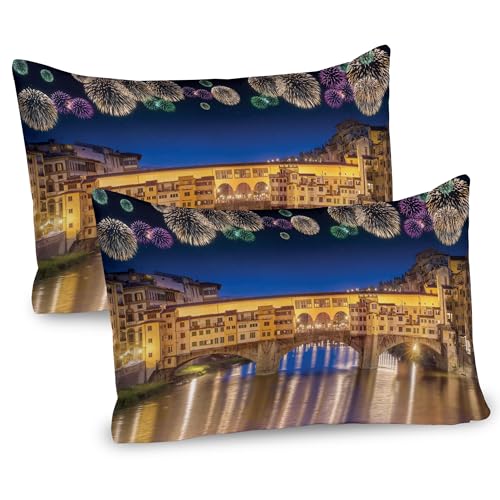 Ambesonne Landscape Pillow Sham Set of 2, Night Panoramic View Vecchio Bridge Florence Italy Colorful Fireworks, Quality Microfiber Bedding Item for All Seasons, 26