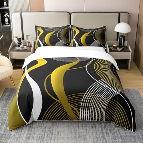 Homewish Coton, Housse de Couette Forme Géométrique, Parure de Lit 140x200 Adulte Rayures, Ensemble de Literie Géométrique Jaune Noire Blanche, Housse...