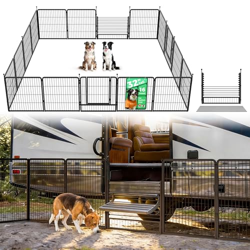 Image of FXW Instant Dog Playpen with RV Step Grid for RV Camping, 32 inch H, 16 Panels | Quick-Setup & Heavy-Duty Play Yard, Helps Close Stair Gaps, Fits 26 inch RV Step Opening, For Small & Medium Dogs, Patented