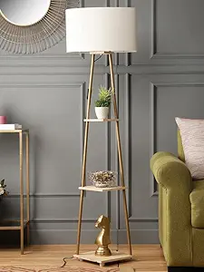 SANDED EDGE - SMARTLY PRICED Castle 3 Tier Shelf Storage Floor Lamp with Natural Wood Color Shelf and Gold Color Metal Legs with Offwhite Color Oval Shade for Home D?cor and Living Room Pack of 1