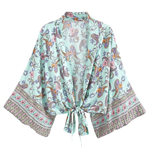 Kimono court vintage floral pour femme avec col en V et manches chauve-souris