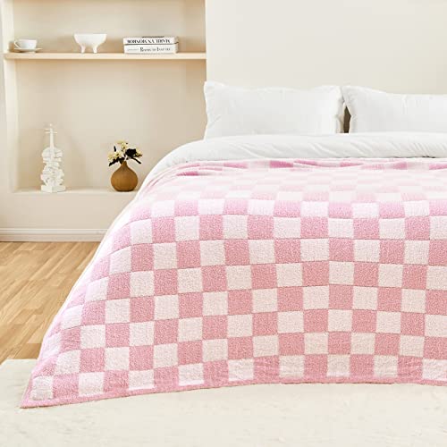Image of CozeCube Pink White Reversible Checkered Knit Throw Blanket 60 inchx80 inch
