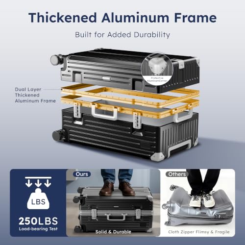Image of ALPHA CAMP Trunk Luggage 24 Inch with Aluminum Frame Zipperless Suitcase | Medium Checked Thickened 3-Layer PC Hardshell with TSA Lock,Charging Port, Cup Holder and Spinner Wheels for Domestic Travel