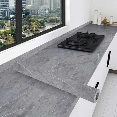 Image of Kitchen Cabinets Marble Wallpaper Roll for Home & Kitchen Decor - Oil Proof Waterproof Self Adhesive Wall Paper Sticker for Floor Tiles, Countertop, Cupboard, Drawer (60 * 200 cm) (Grey, 1)