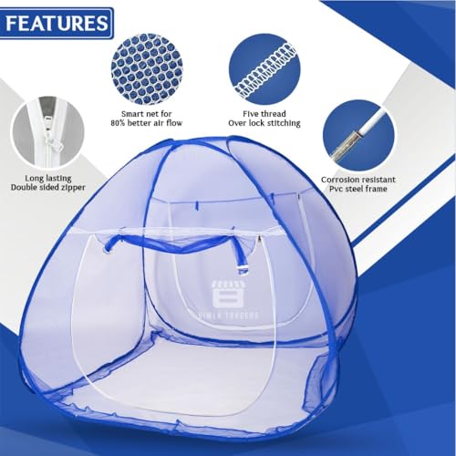 Image of Btag 100% Polyester Foldable Mosquito Net - Premium Durable Insect Protection with Strong Frame, Easy Setup & Portable Storage Bag - Ideal for Home, Travel, Outdoor Use.|Clr Net | Queen| Blue
