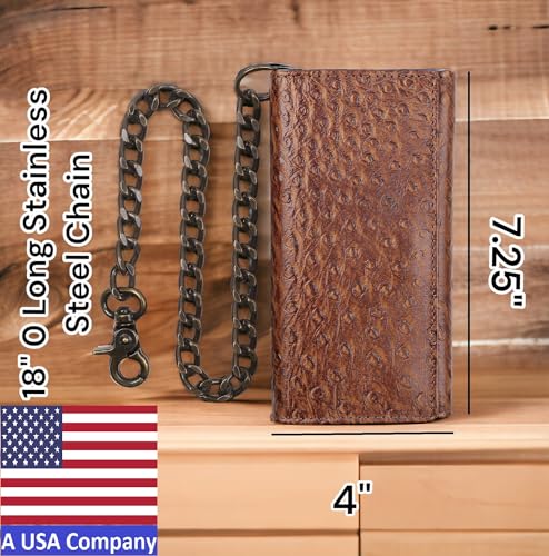 Image of F&L CLASSIC RFID Blocking Mens Tri-fold Long Style buffalo crazy horse Leather Steel Chain Wallet,ostrich print brown,212-51