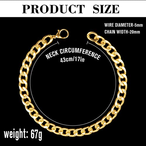 18K Gold Plated Dog Chain Collar-3/4 Inch （20Mm）Width Cuban Link Durable Dog Necklace, Cute Fashion Pet Collar For Pit Bulldog, Light Metal Jewelry Bold Chain Puppy Accessories (17 Inch, Gold) #TOP5