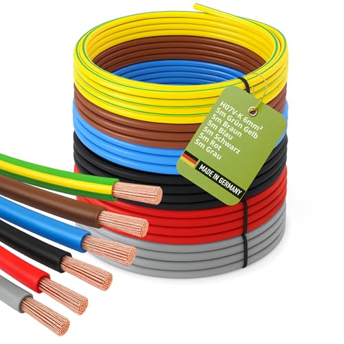 INVOLT H07V-K 6 mm Verdrahtungsleitung 6 x 5m Set Einzelader Schwarz Blau Braun Grau Grün-Gelb Rot Made in Germany