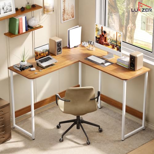 Image of Lukzer L-Shaped Study Table for Home or Office (MST-007 /White & Oak Brown) Metal & Engineered Wood Corner Computer Desk, Laptop & Gaming Station for Students and WFH (110 x 110 x 75 cm) Easy DIY