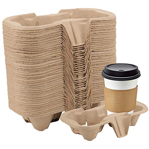 disposable tray with cup holder - HOZEON 100 Pack 2-Cup Pulp Fiber Drink Carrier, to Go Coffee Cup Holder, Disposable Drink Carrier Tray for Hot or Cold Drinks, Coffee Shops, Takeaway Shops, Restaurants,Grocery Stores, Juice Bars