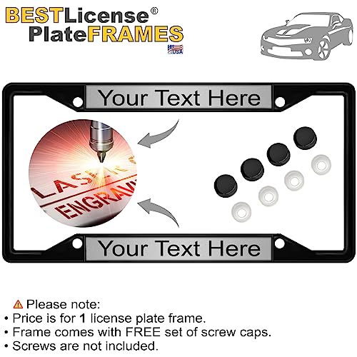 Image of Personalized with Custom Text Design - 4 Hole Black Metal Laser Engraved US Standard Size - Car License Plate Frame with Free caps - Silver /Black Text (Qty: 1 Frame)
