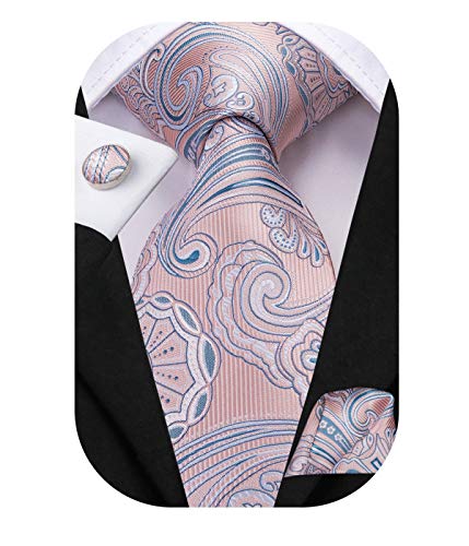 Dubulle Mens Light Pink Paisely Ties Silk Pink and Blue Neckties and Pocket Square Cufflinks Set