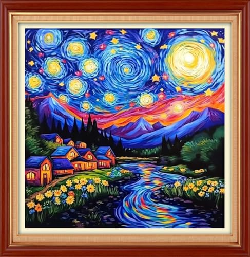 Image of Foxhool Stamped Cross Stitch Kits,11CT Printed Cross Stitch Pattern Full Embroidery Kits for Beginner Needlepoint Kits&Van Gogh's Starry Sky Scenery 18x18 inch