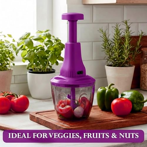 Image of Chopper for Kitchen Use | 1100 ml Round Manual Push Chopper with 5 Blades and Whisker | Chopping Vegetables & Fruits, Onion, Ginger, Garlic, Salad, Tomato, Potato (Purple)