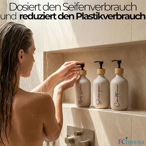 FCINNOVA Seifenspender für Badezimmer Beige Matt 500 ml 3er Set für Gel und Shampoo, Einfülltrichter, dieser Seifenspender ist elegant und hält Ihre Dusche gut
