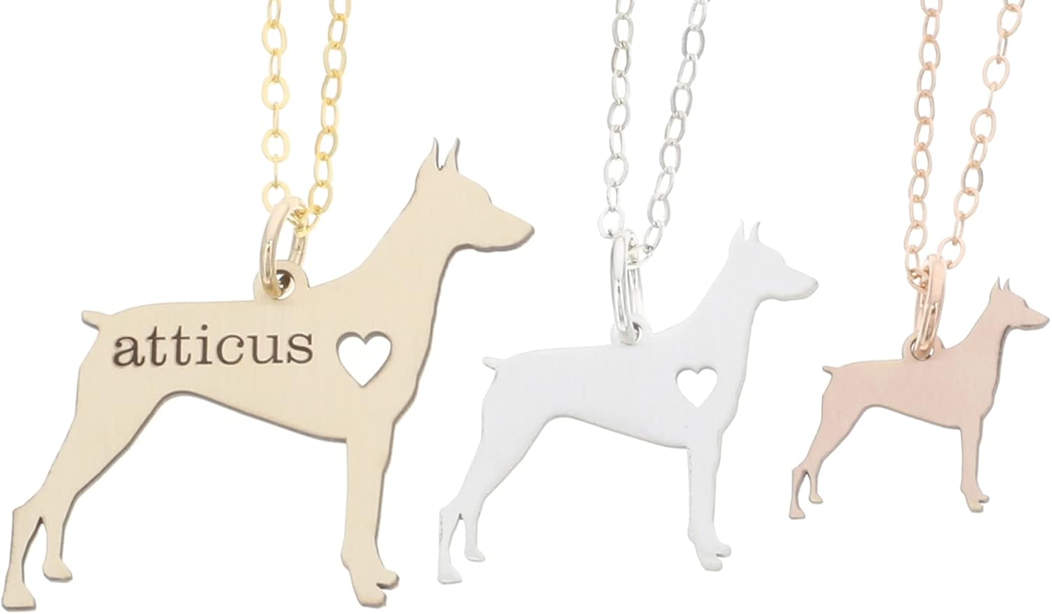 DistinctlyIvy Doberman Dog Necklace - IBD - Pinscher Dobie - Docked Tail - Cropped Ears - Personalize Name Date - Pendant Size Options - Sterling Silver