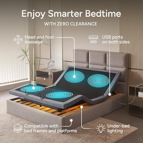 Image of SFE Twin XL Adjustable Bed Frame - Zero Clearance Smart Frame, Electric Massage, Wireless Remote for Head & Foot Lift, 3 Height-Adjustable Legs - Zero Gravity, Underbed Lights & 4 USB Ports