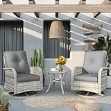Muphyers Patio Rocking Swivel Chair Outdoor Wicker Rattan Bistro Set with Tempered Glass Side Table, Outdoor Patio Furniture Set for Garden, Deck, and Balcony, Grey