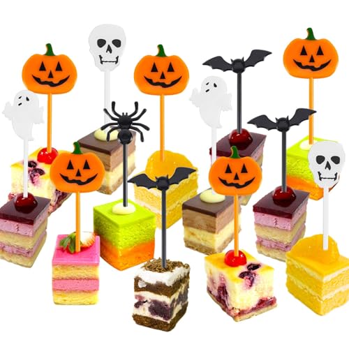 Namalu 50 Piezas Toppers de Cupcakes de Halloween de Plástico Palillos de Frutas Calabaza Murciélago Calavera Fantasma Adornos para Cóctel Brocheta Aperitivo Cumpleaños Recuerdos Fiesta