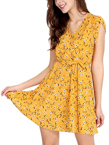 Allegra K Women's Boho Crossover V Neck Petal Sleeves Belted Floral Flowy Dress Medium Yellow #TOP22