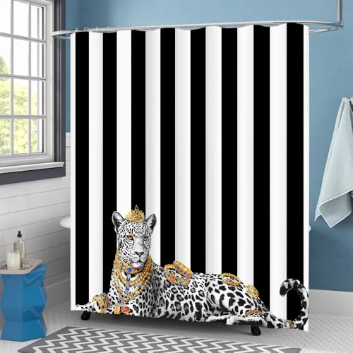Canvbay Luxury Leopard Shower Curtain Glam Animal Bath Curtain Black and White Striped Background Bathroom Art Jungle Decor 72"x72" with Hooks by Canvbay - Used condition - Image 6