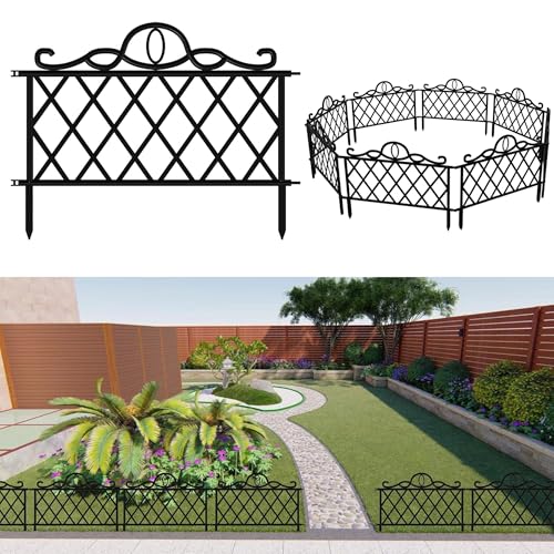 Recinzione decorativa da giardino, lunghezza 4,8 m, in plastica nera, motivo reticolato, set da 10 pezzi