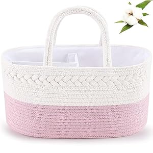 ABenkle Diaper Caddy Organizer – Cotton Rope Nursery Storage Basket for Baby Essentials, Boys & Girls Shower Gift, Changing Table Organizer, Pink