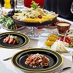 bUCLA 150 Pieces Black and Gold Disposable Dinnerware Set - 25 Guests Black Gold Plastic Plates Include 25 Dinner & 25 Dessert Plates, 25 Spoons, 25 Forks, 25 Knives, 25 Cups for Party & New Year - Image 3
