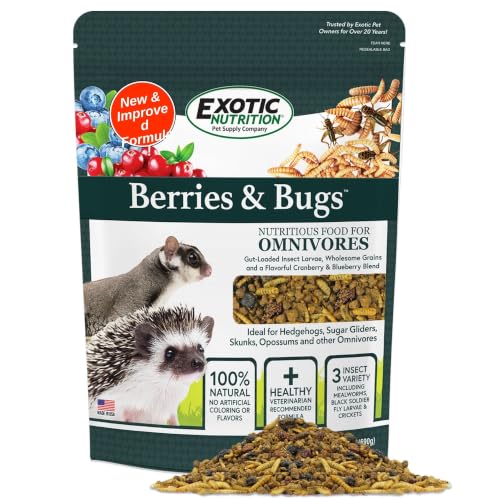 Berries & Bugs 1.5 lb - All Natural High Protein High Fiber Food for Hedgehogs Skunks Opossums Sugar Gliders - Universal Insectivore Diet with Fruit Gut-Loaded Insects & Healthy Vitamins