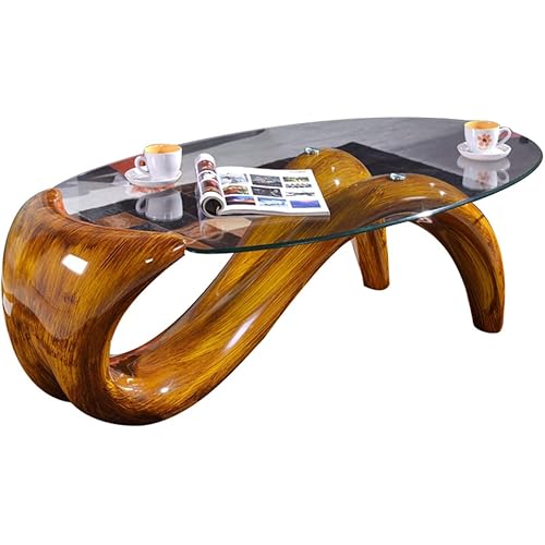 LITFAD Modern Glass-Topped Cocktail Table Oval Contemporary Coffee Table Creative Mermaid Living Room Table - Dark Wood 35.5" L x 21.7" W x 16" H