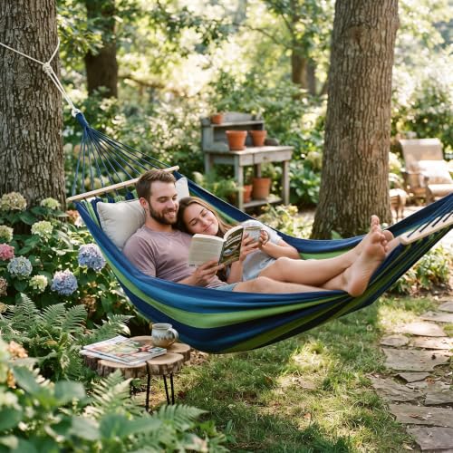 Image of Baskety Double Person Cotton Canvas Hammock with Spreader Bars Ultralight Travel Camping Hammock Swing Bed for Outdoor, Balcony, Garden, Beach - Max Load 200 KG (Blue, 280 x 100 cm)